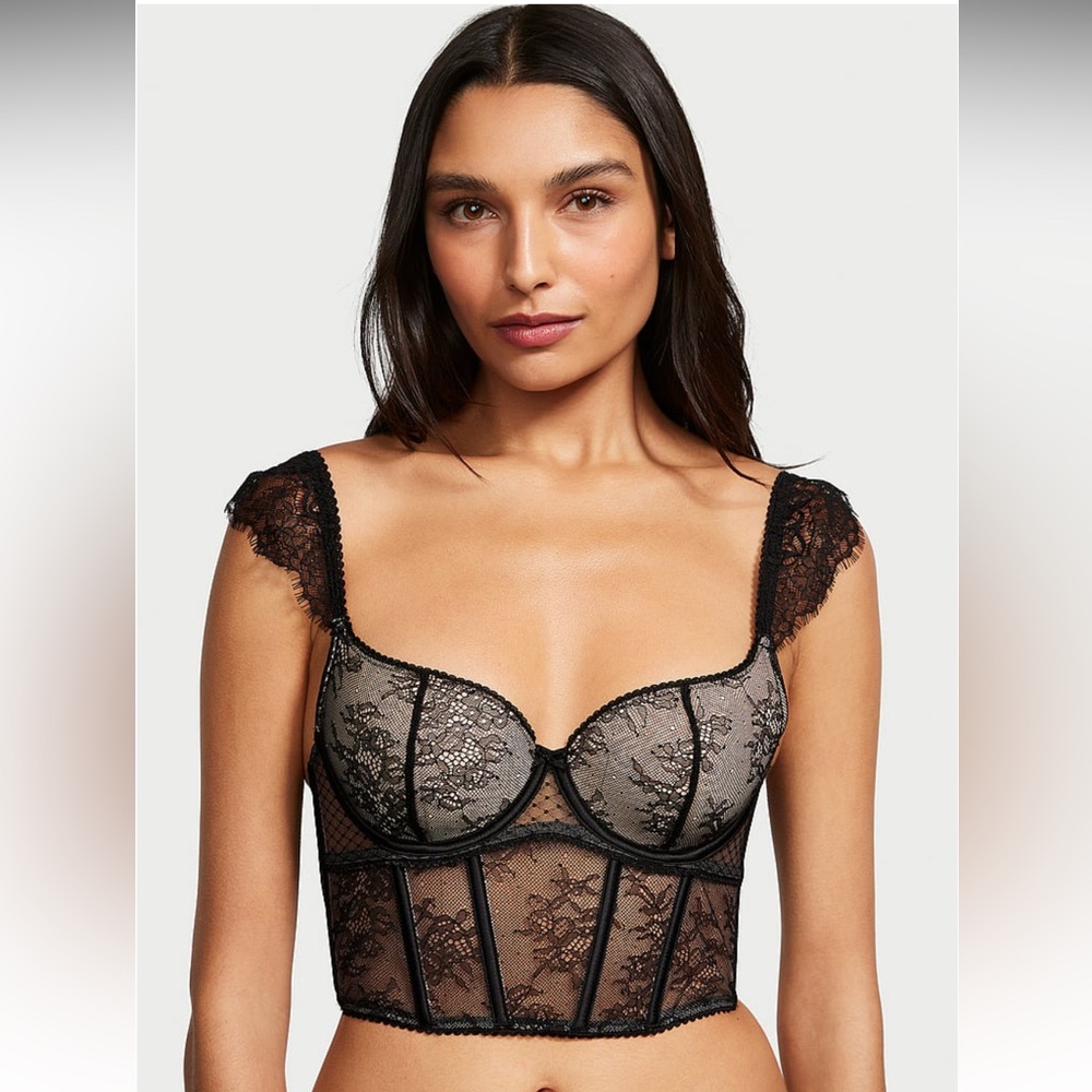 Victorias Secret Dream Angels Lace Cap-Sleeve Corset Top Black Purest Pink Small - Picture 9 of 10
